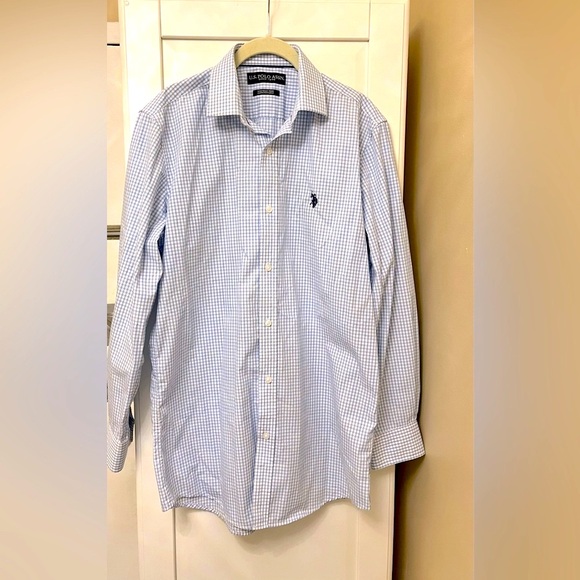 US Polo Assn Men’s Button Up Long Sleeve Dress Shirt - Blue and White Grid - Picture 5 of 7